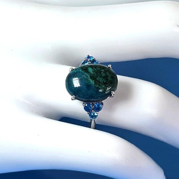 925 Sterling Silver Ring SZ 7 with Natural 13x10mm Chrysocolla & Apat… - Picture 6 of 12